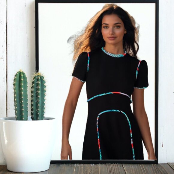 Mary Katrantzou Black Multicolor Contrast Piping Short Sleeve Dress, Size 2 - Picture 3 of 7